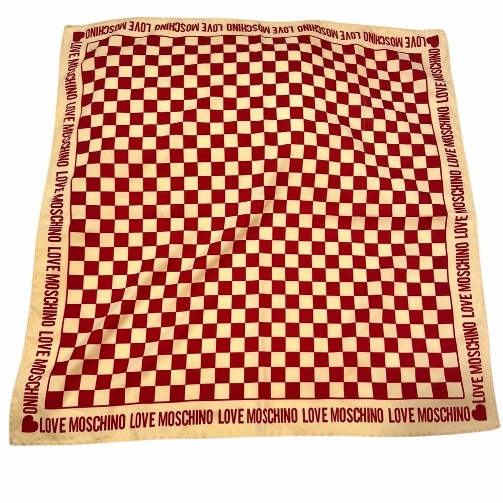 Love Moschino Red & Cream Checkerboard Silk Scarf